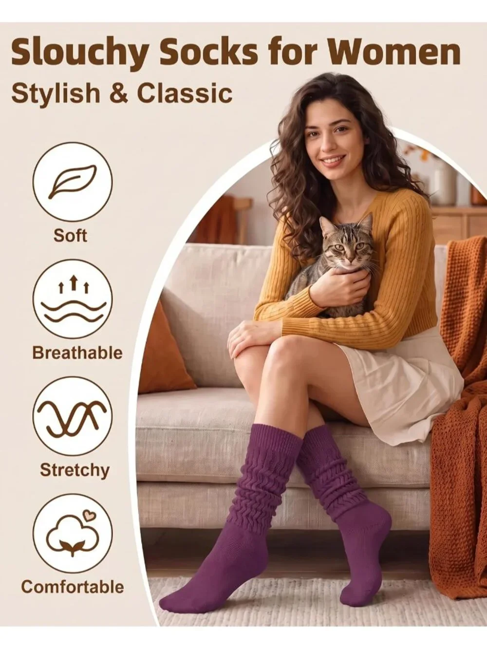 🧦Women's Purple White 6 Pairs Slouchy Socks Long Knee High Boot Socks